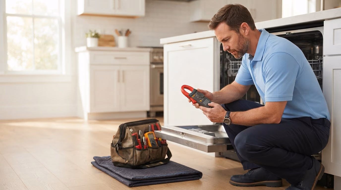 Allsafe technician diagnosing an appliance in a customer’s home