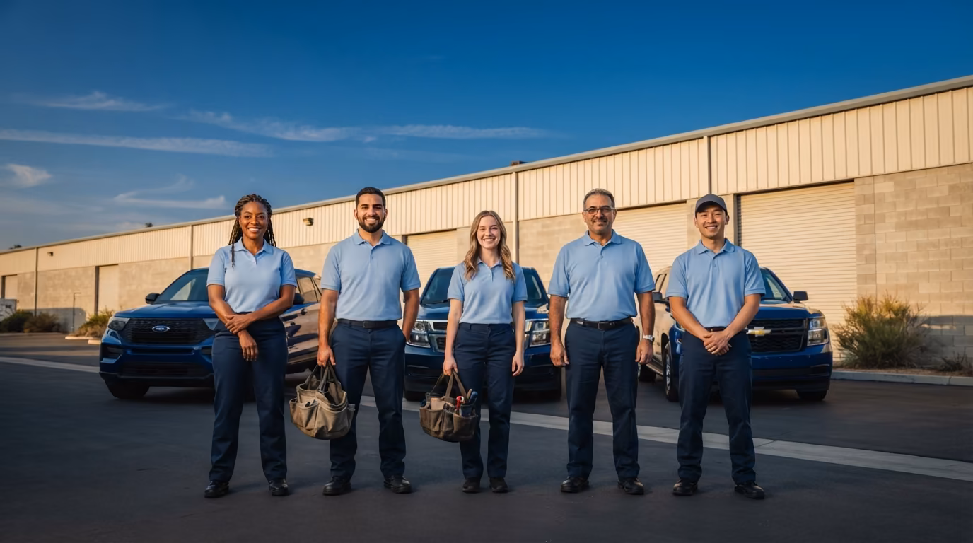 Allsafe Appliance technicians with their marked service trucks in Los Angeles
