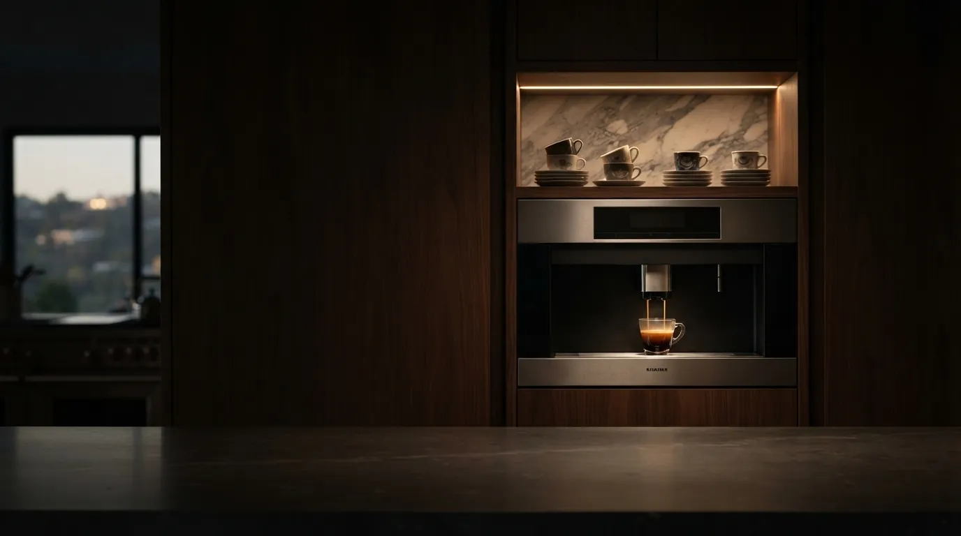 Built-in coffee machine being serviced in a kitchen