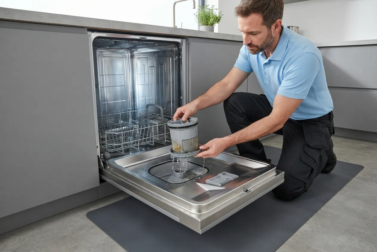 Technician servicing an open dishwasher in a kitchen
