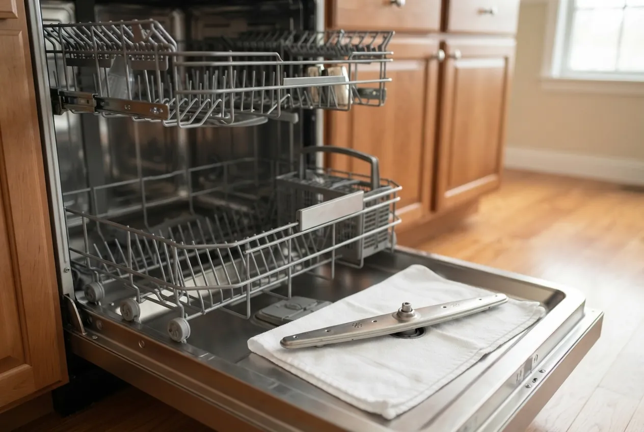 Dishwasher racks and spray arm during a repair visit