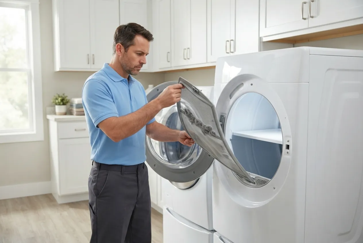 Technician servicing a clothes dryer in a laundry room