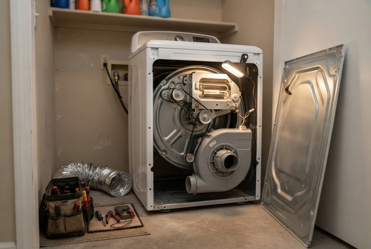 Dryer drum and rear panel opened during a repair