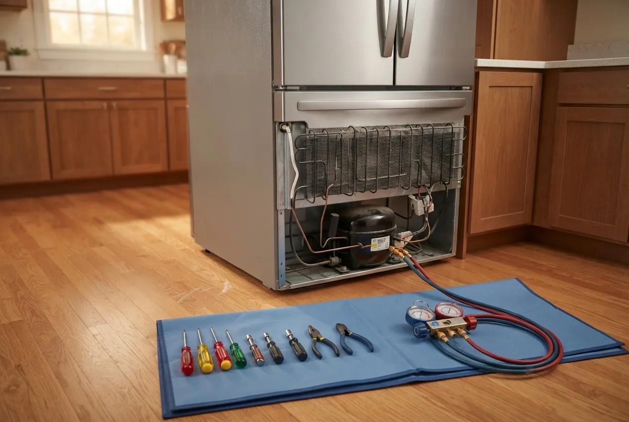 Technician checking a freezer compartment during a repair