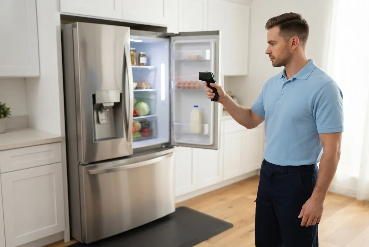 Technician diagnosing a refrigerator in a home kitchen