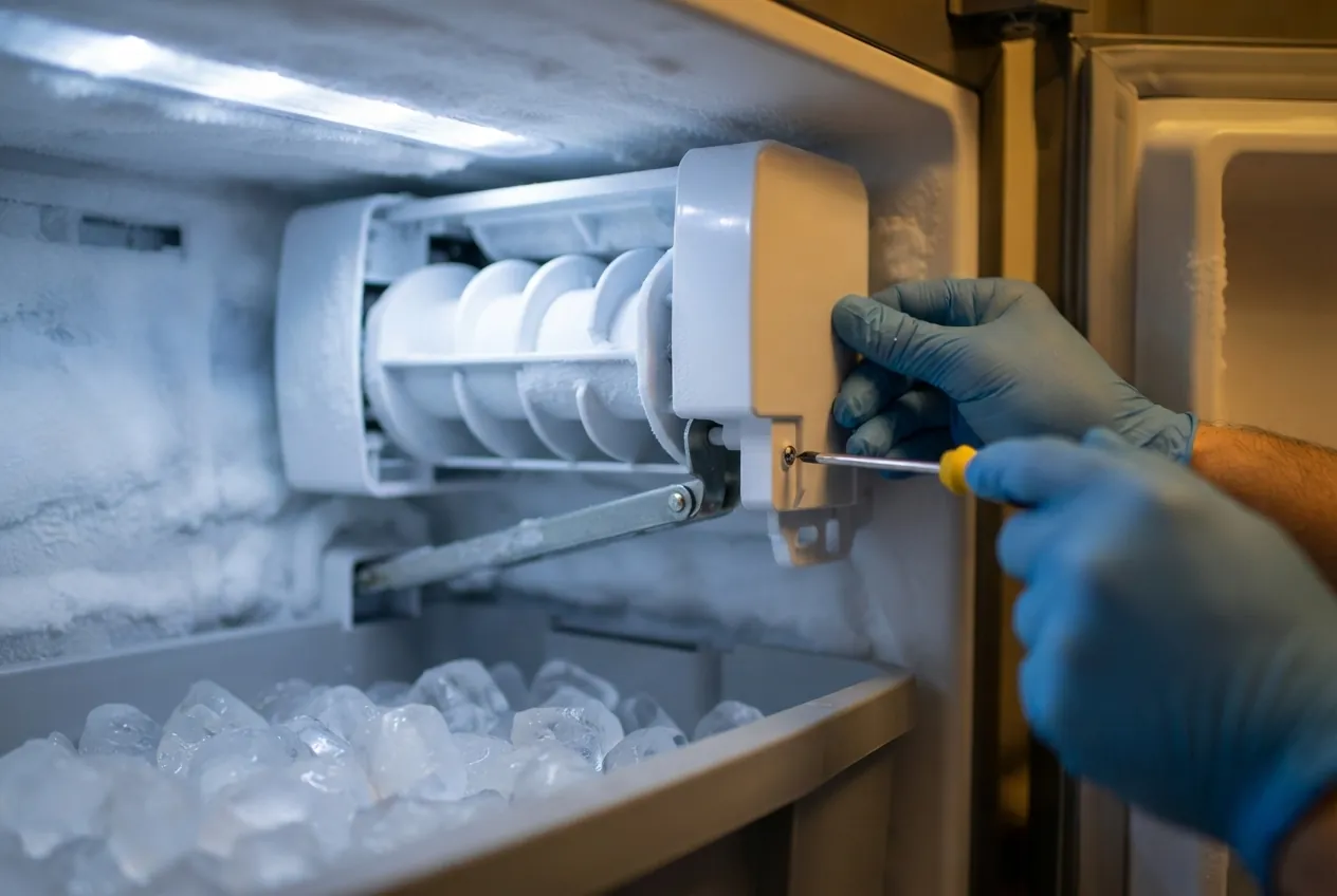 Ice maker assembly inside a refrigerator freezer compartment
