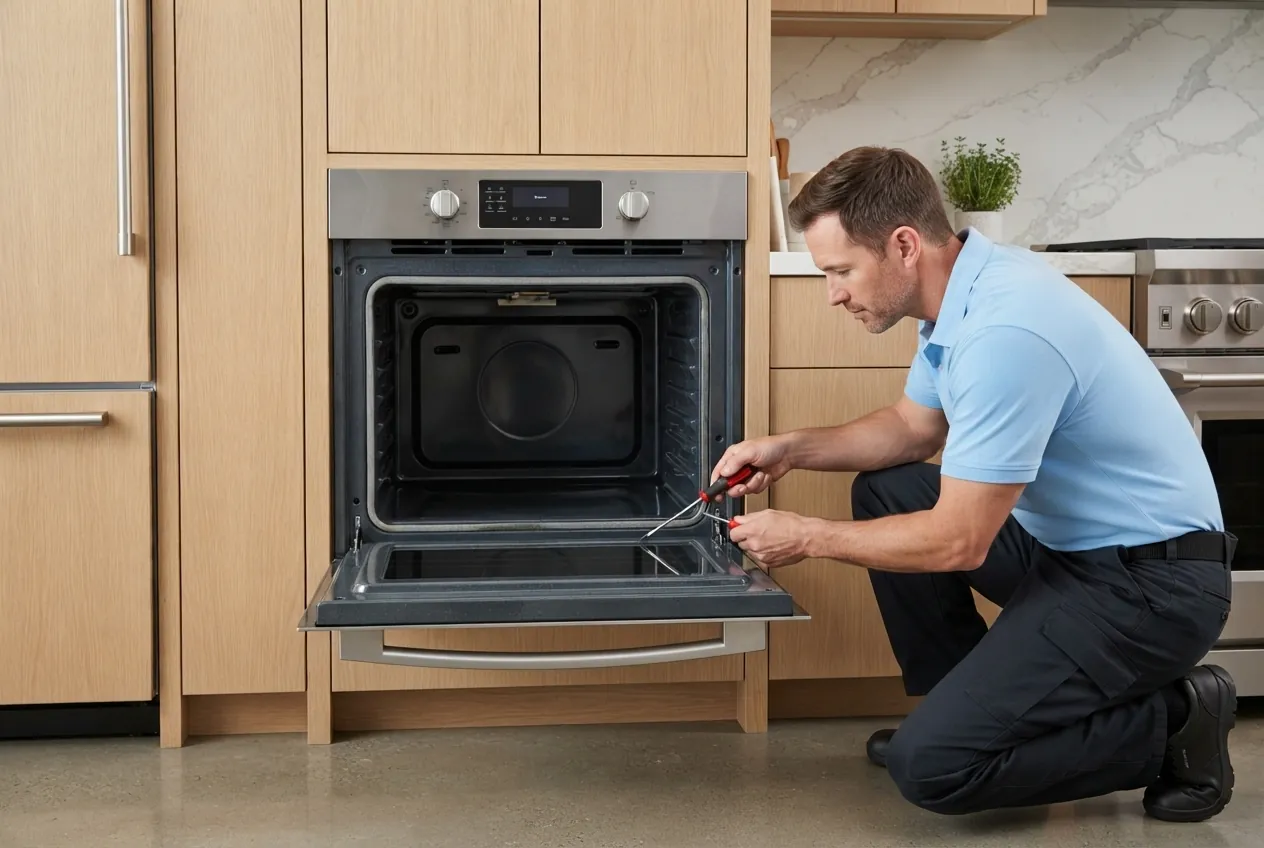 Technician repairing a built-in wall oven