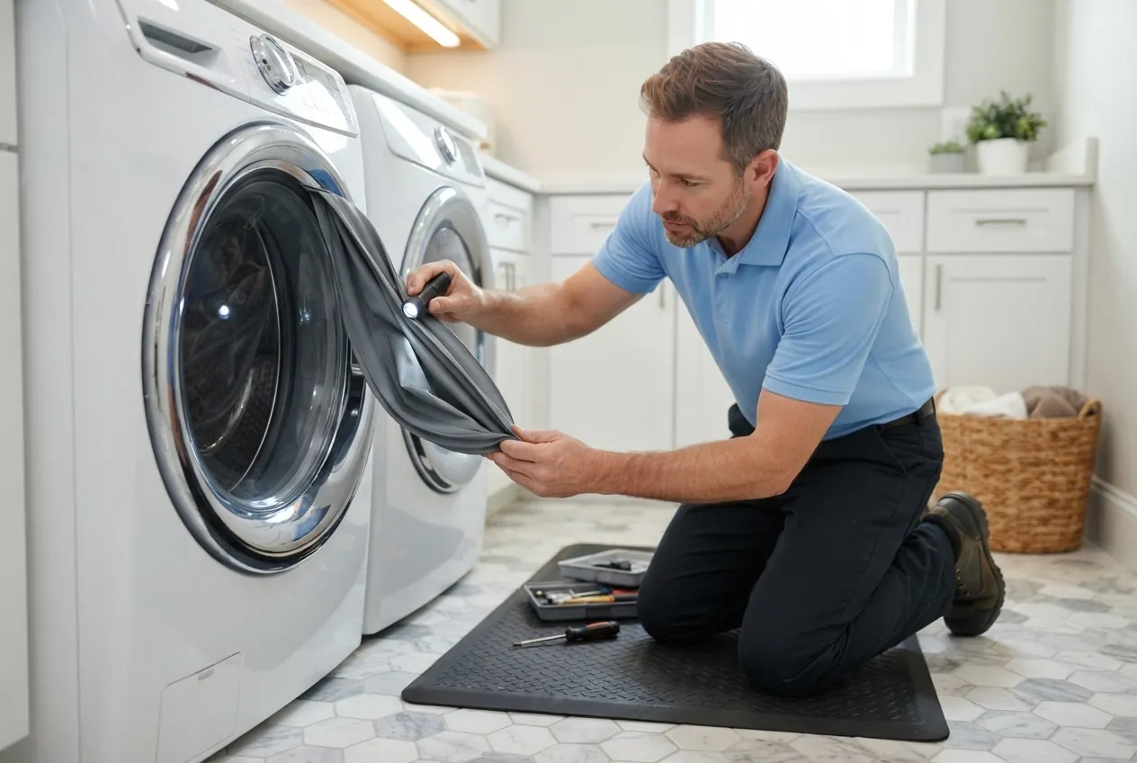 Technician checking the drum and door boot of a front-load washer