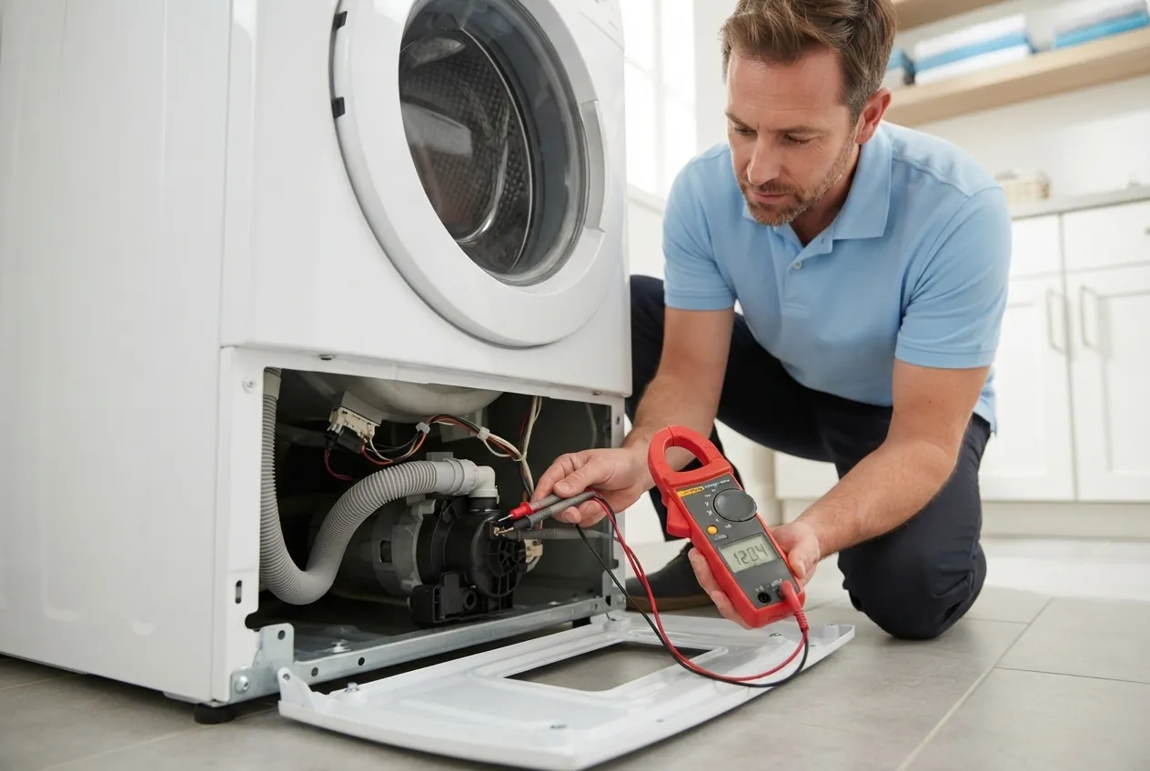 Open washing machine during a repair visit in a laundry room