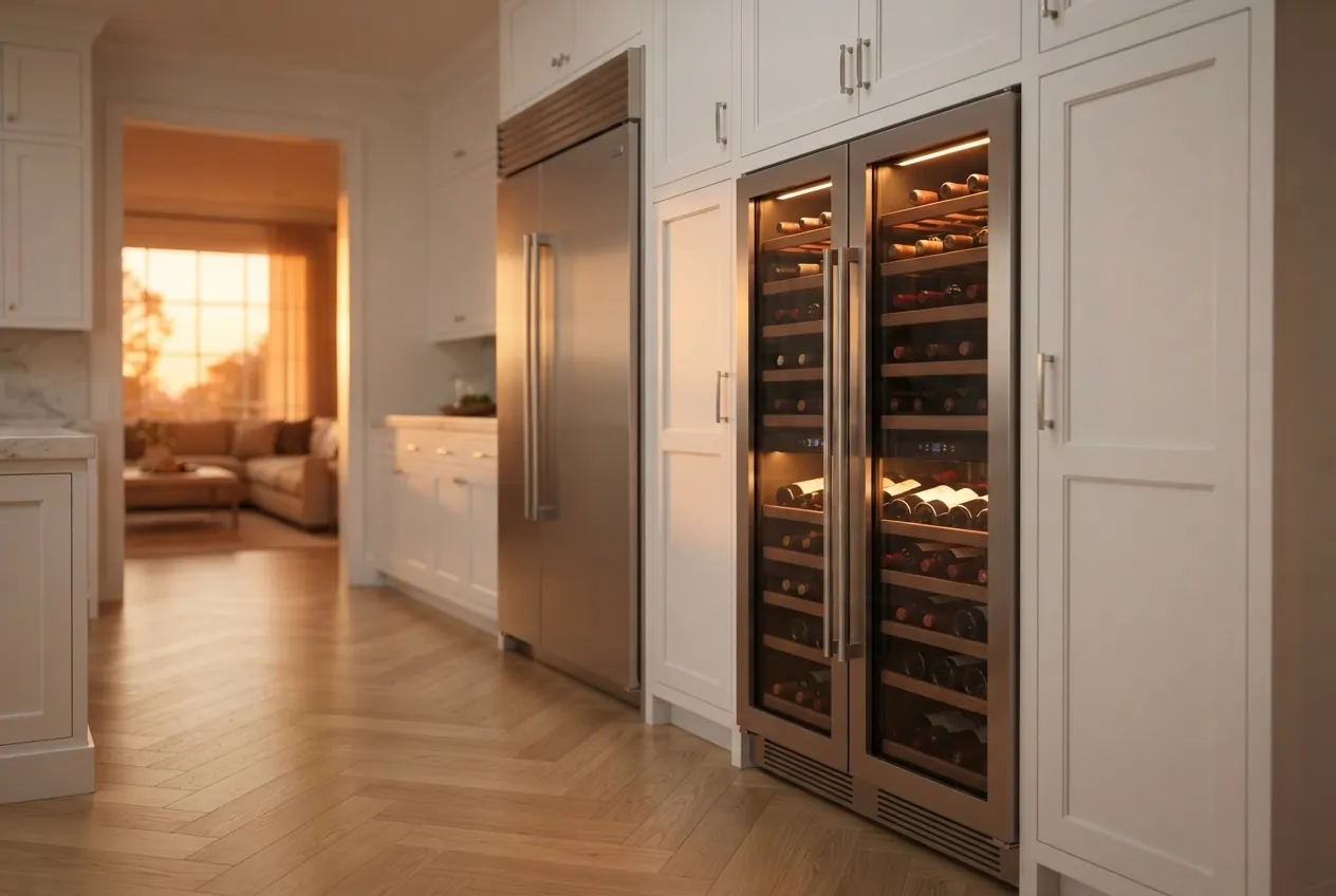 Built-in wine cooler with bottles on wooden shelves