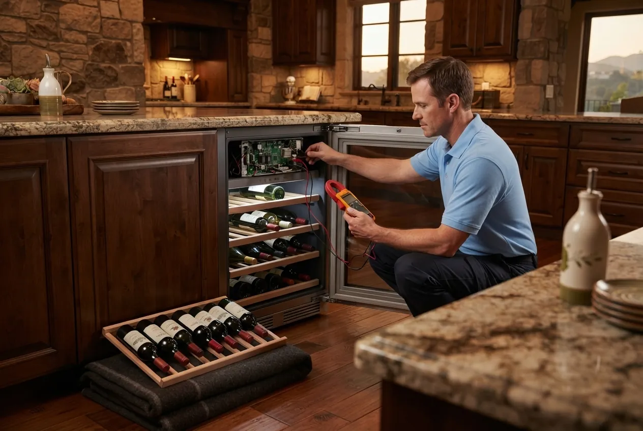 Technician servicing a wine cooler unit